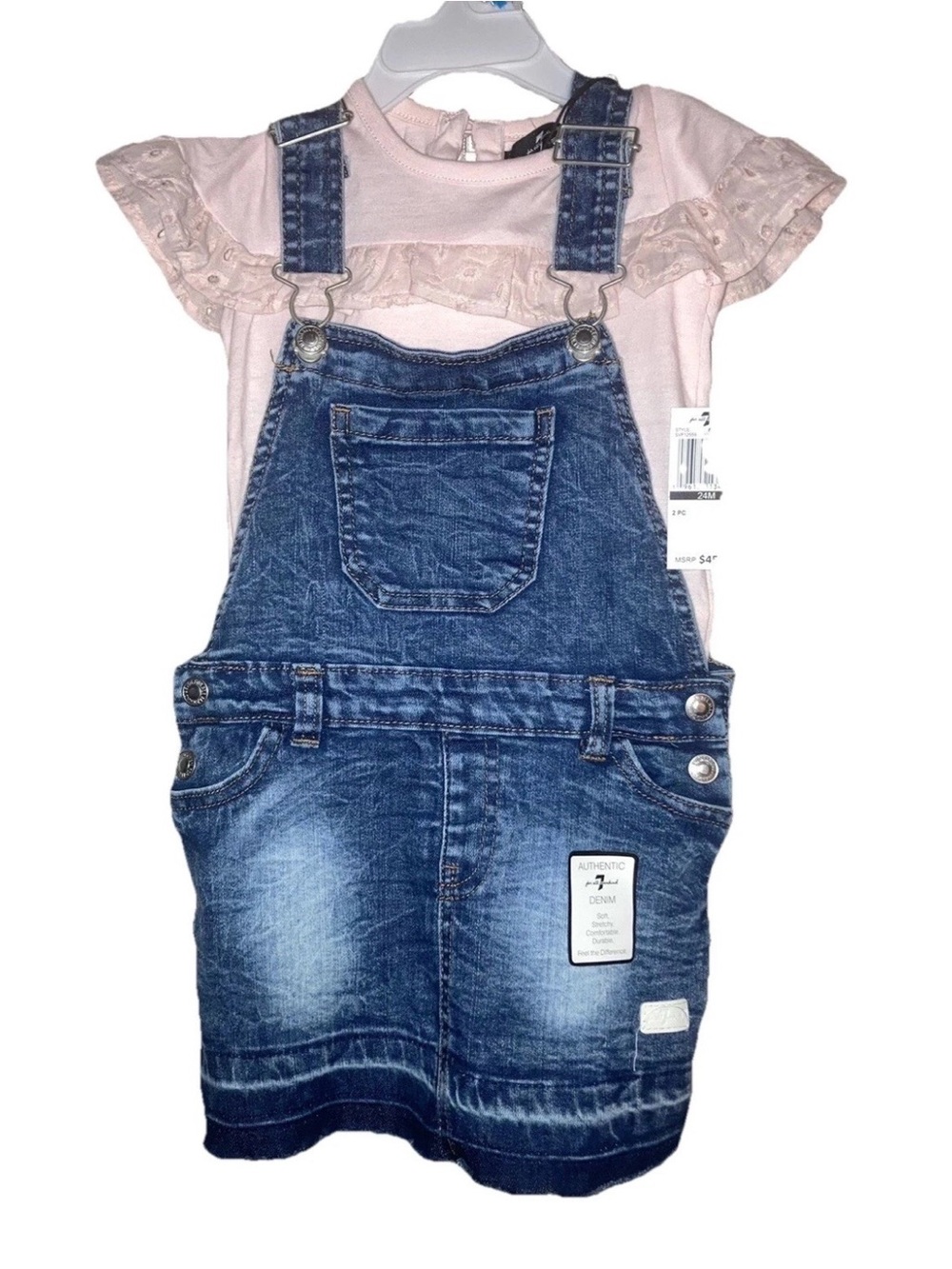 Toddler Girl 7 For All Mankind Denim Overall Skirt Outfit Pink Lace Trim Top 24M